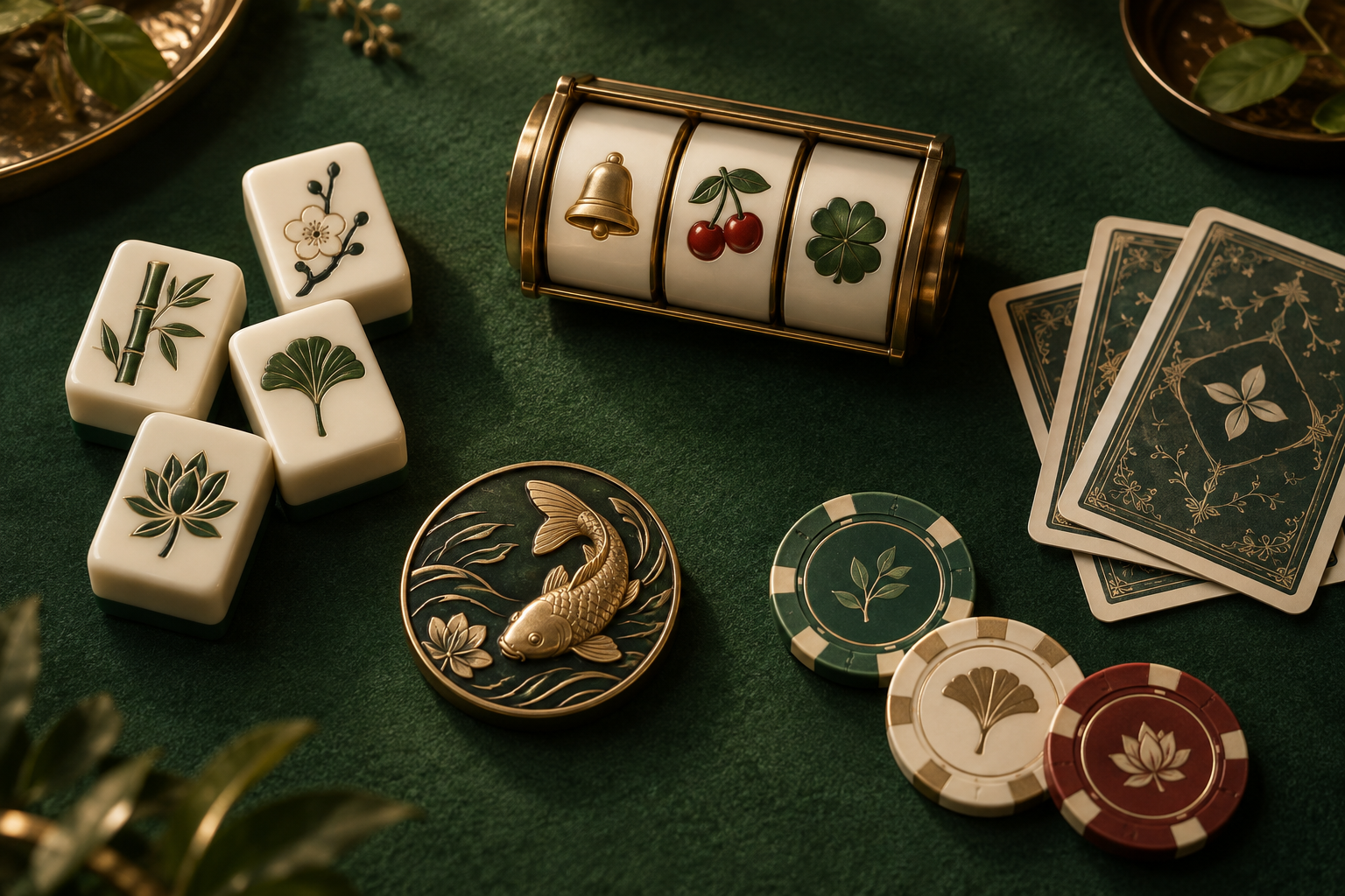 Ilustrasi meja permainan dengan kartu, ubin mahjong, dan mesin slot dalam warna hijau serta tembaga